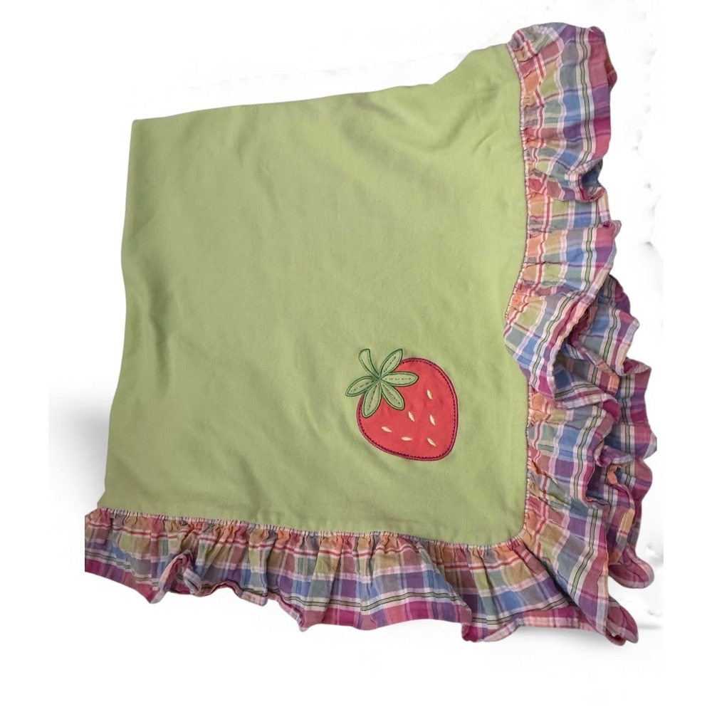 HTF Talbots Kids Green Cotton‎ Baby Blanket Pink Strawberry Madras Plaid Ruffle